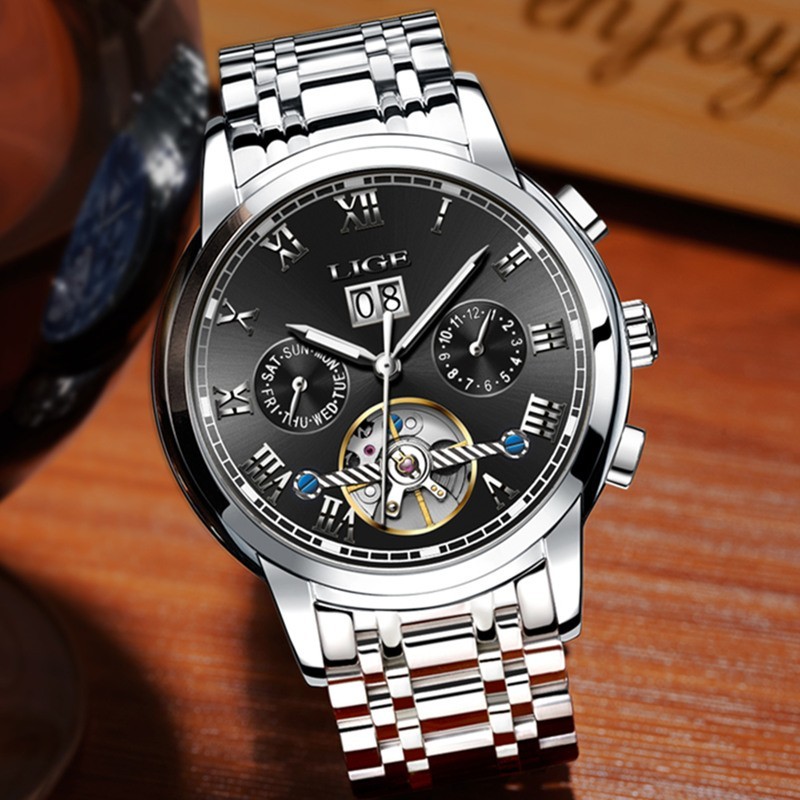 LIGE Men Watch Automatic Mechanical Date Week Month Luminous Man Wristwatch Gift