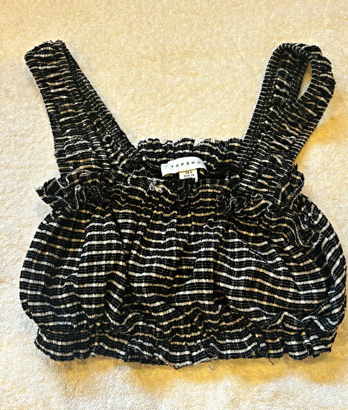 TOPSHOP Black/White Striped Square Neck Smocked Stretch Crop Tank Top US 2