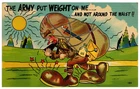 Military Comic: Army Soldier, Heavy Backpack, World War 2 Linen.