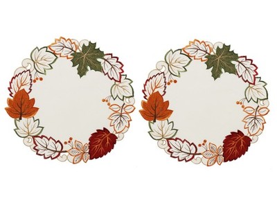 Autumn Leaves 2-Piece Placemats Doily Set Embroidered Fall Decor Table Mats 15''
