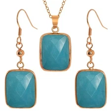 Jadelite Faceted Sky Blue Color Oblong Pendant and Earrings Set With 18" Chain