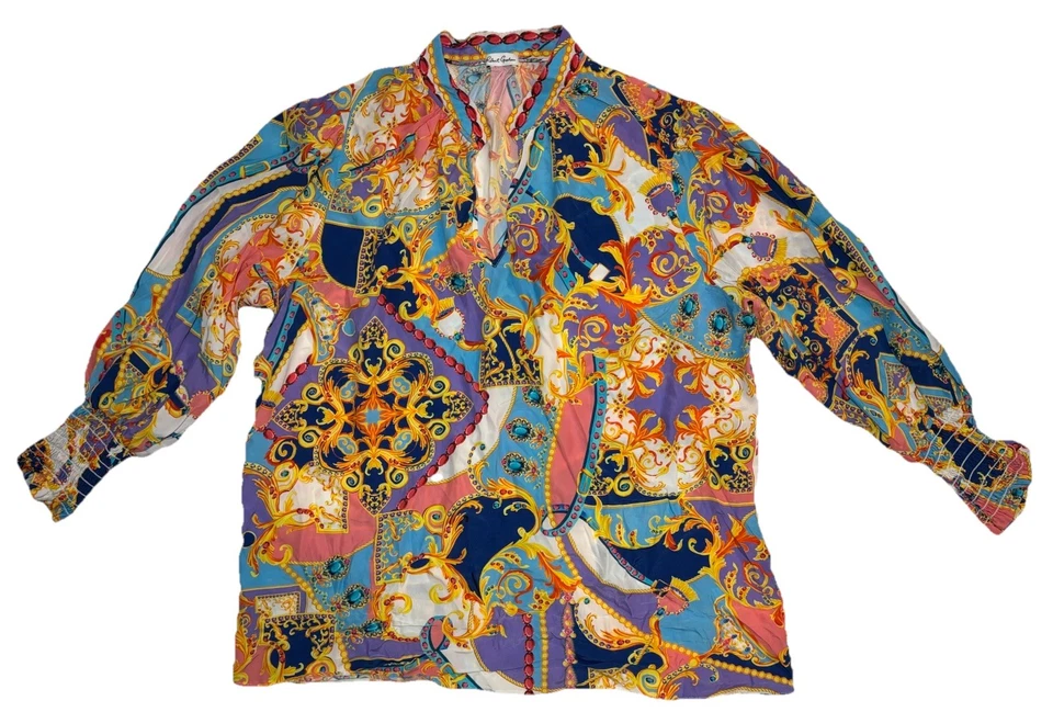 Blusa Camisa Mujer Robert Graham Top Manga Larga Talla L Barroca Seda Viscosa Foto 3 de 4