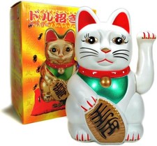 WHITE  FENG SHUI Gold Lucky Beckoning Waving Cat Maneki Neko 5"tall
