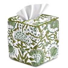 CPC Agate Green Hand Block Printed Cotton Tissue Box Cover 5" x 5" x 5.5" Squ...