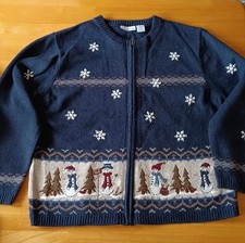 Full Zip Holiday Christmas Sweater Embroidered - Croft Barrow - Blue - XL