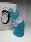 Fenton Blue Glass Cat Figurine Hand Painted Floral 2002 Signed 5” Collectible