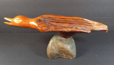 VTG RAW Studio Hand Carved Wooden Bird Sculpture Shorebird Stone Base Signed EUC