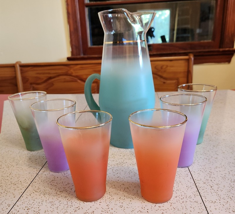Vintage Blendo Frosted Pastel Pitcher & 6 Tumblers Set West Virginia Glass 1950s