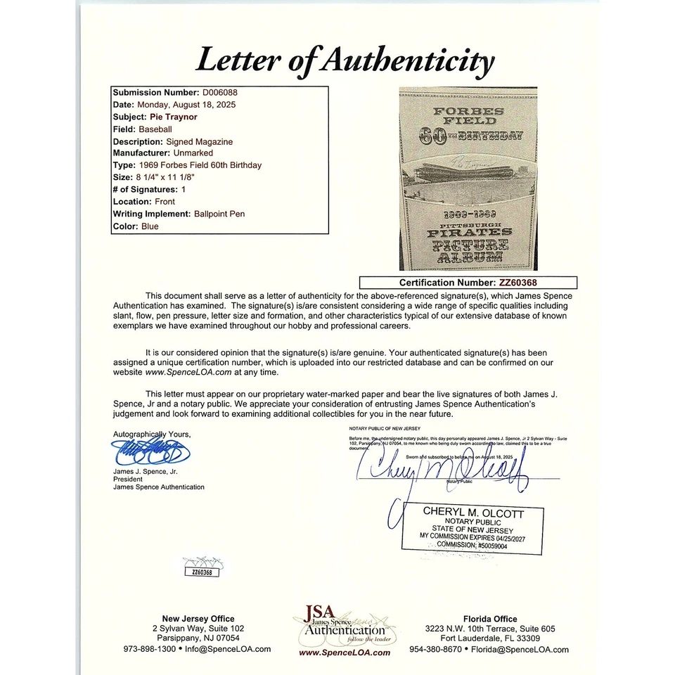 Pie Traynor Signed 1969 Forbes Field Program JSA LOA Pittsburgh Pirates HOF - Image 3 of 4