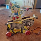 Vintage 1939 Fisher Price Disney Pinocchio and Donkey #494 Wooden Pull Toy Works