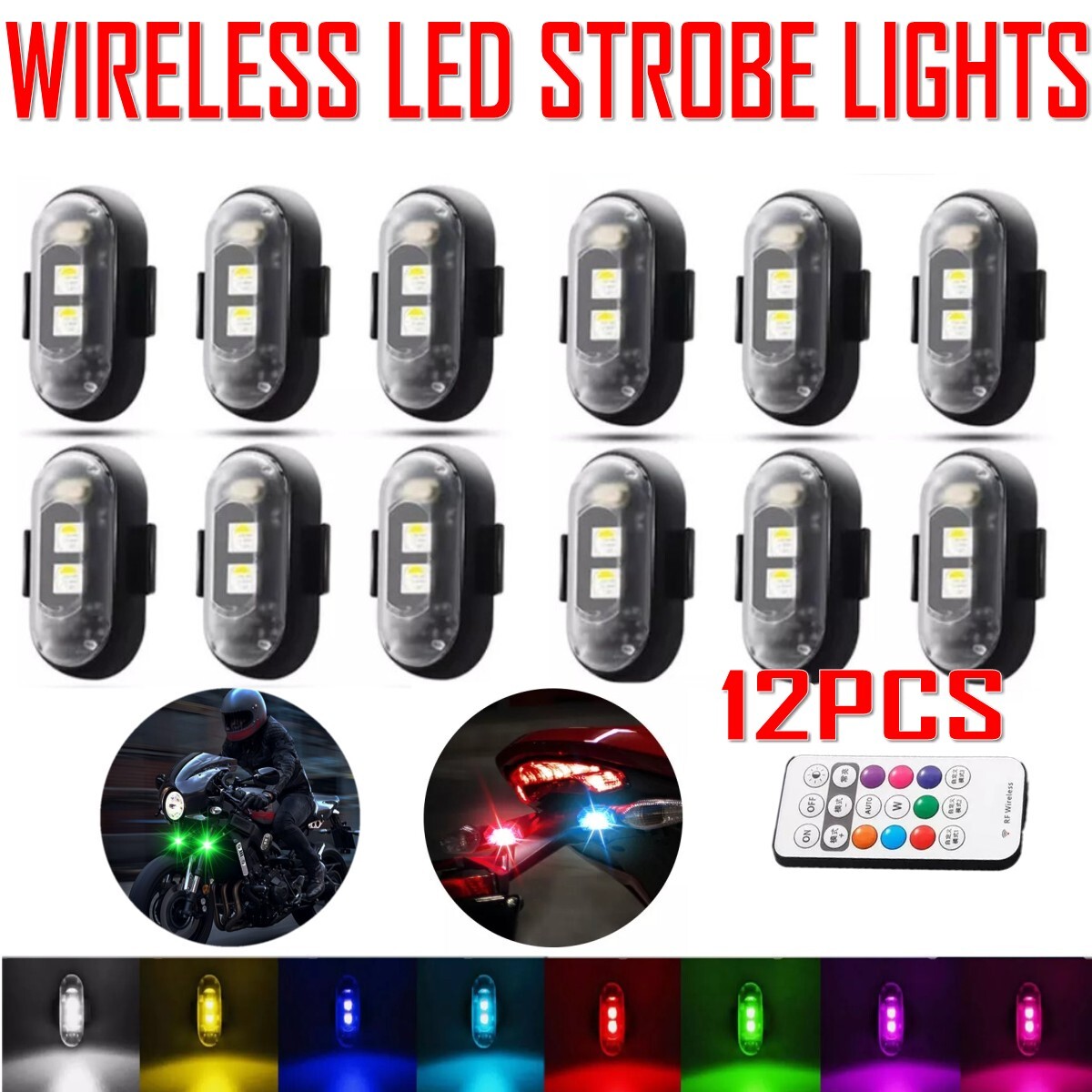 12PCS RGB LED Strobe Light Wireless Remote Control For Car Motorcycle Flash Lamp