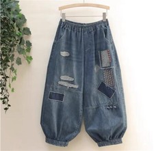 Women Comfortable Jeans Denim Harem Baggy Trousers Casual Loose Wide Leg Pants