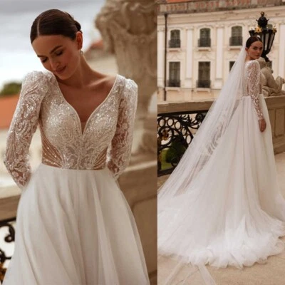 Brautkleid Hochzeitskleid V-Ausschnitt Pailletten Langarm A-Linie Weiß Ivory - Bild 1 von 4