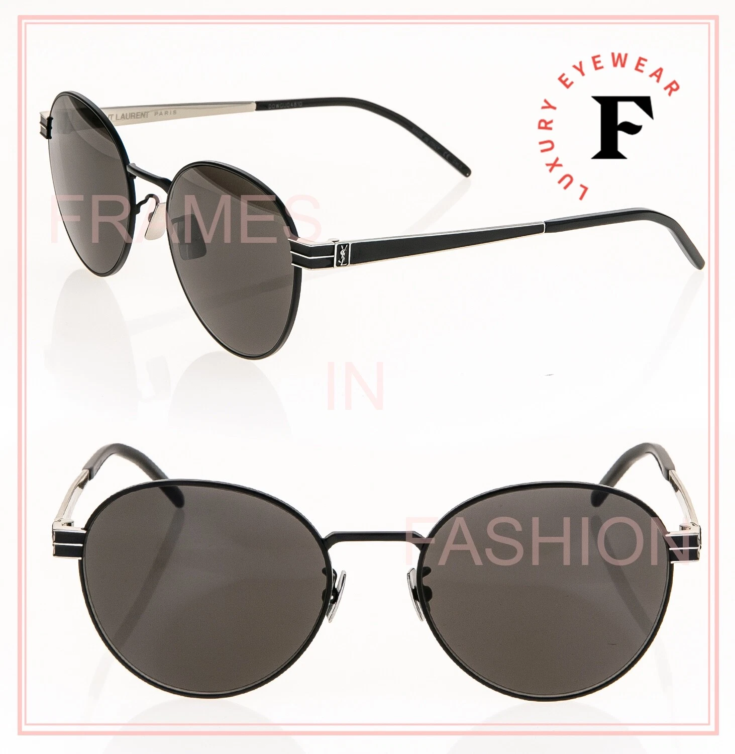 SAINT LAURENT YSL SL M65 Black Silver Round Unisex Metal Sunglasses SLM65 002