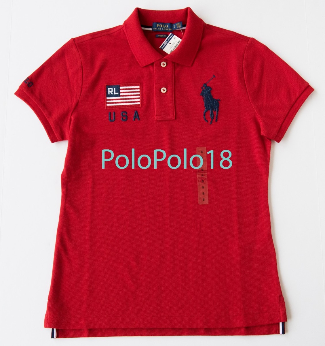 New Polo Ralph Lauren Women Big Pony USA Flag Skinny Shirt New Polo Ralph Lauren Women Big Pony USA Flag Skinny Shirt