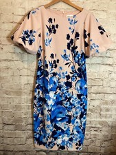 Eliza J Midi Dress Womens 4 Pink & Cobalt Spring Florals Puff Sleeve Sheath