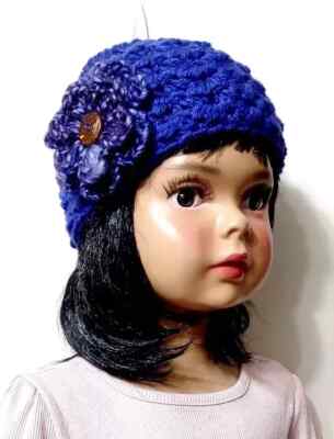 handmade crochet baby flower toddler hat beanie  1-3 years blue puffs new