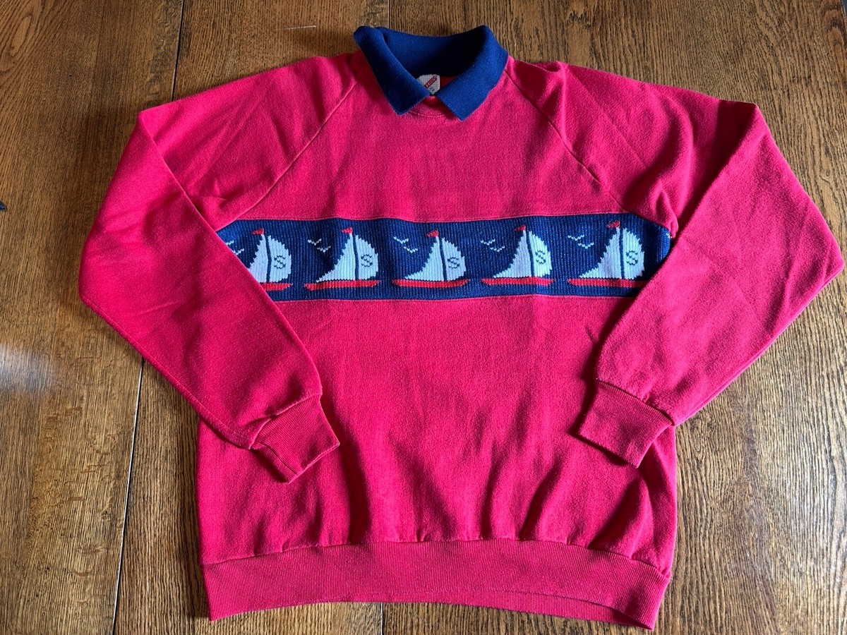 Vtg Jerzees Sweatshirt Collar Knit Chest Panel Sailboats XL