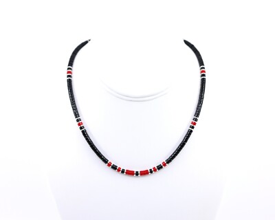Red Jade Black Onyx Heishi Necklace Sterling Silver Lobster Clasp | 4mm Beads