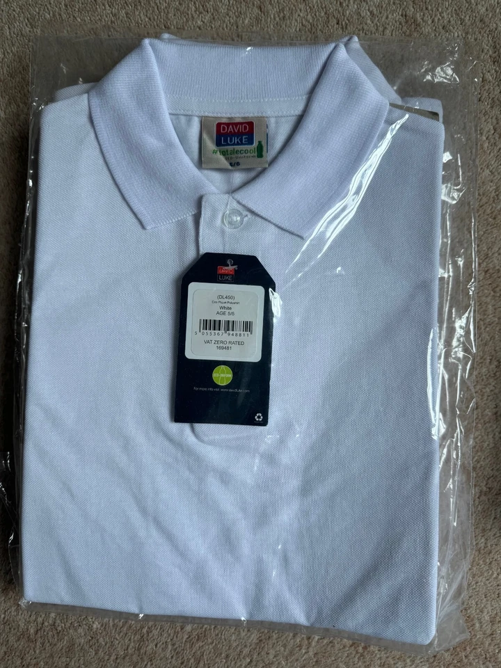 David Luke white school polo top 5-6, 7-8 and 11-12 years BNWT