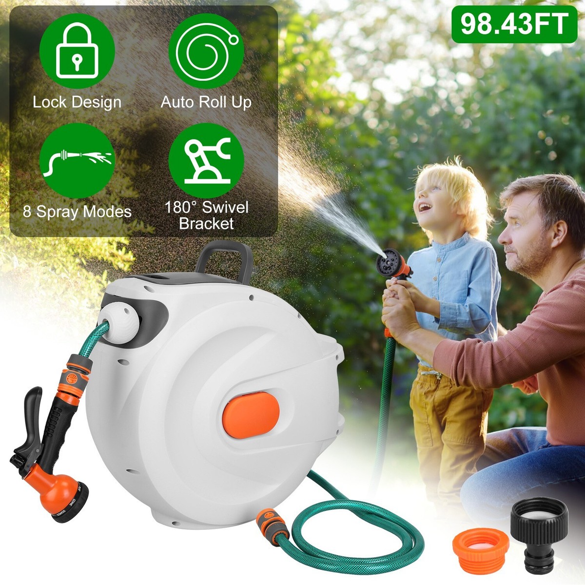 98ft Retractable Garden Water Hose Reel 8 Pattern Spray Wall Mount