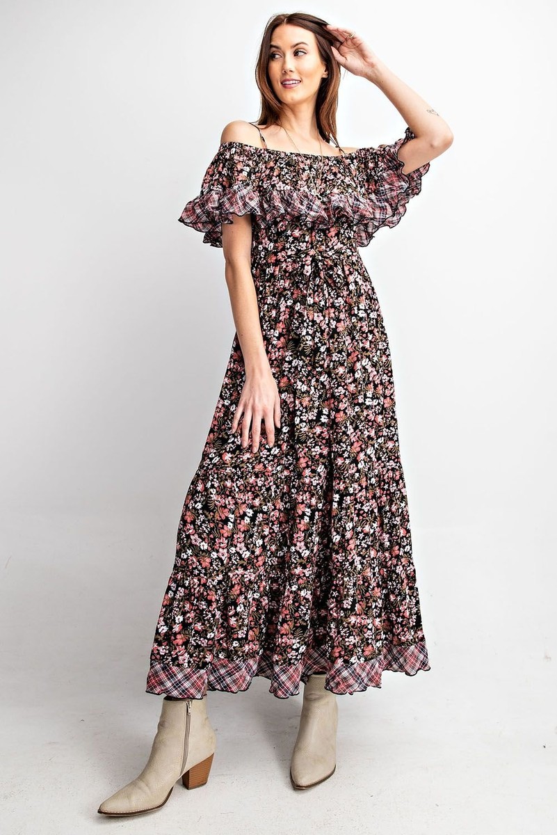 SML EASEL BLACK FLoral PLAID ON/OFF SHOULDER RUFFLED BOTTOM MAXI DRESS  BHCS