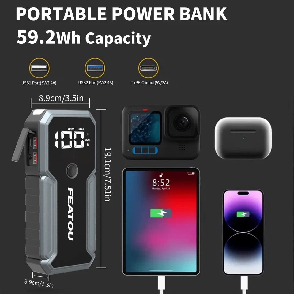 Featou 5000A Car Jump Starter Booster Jumper Portable Power Bank Battery Charge - Imagem 4 de 4