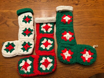 3 Hand Made Vintage Crocheted Christmas Stockings Granny Square Red Green White