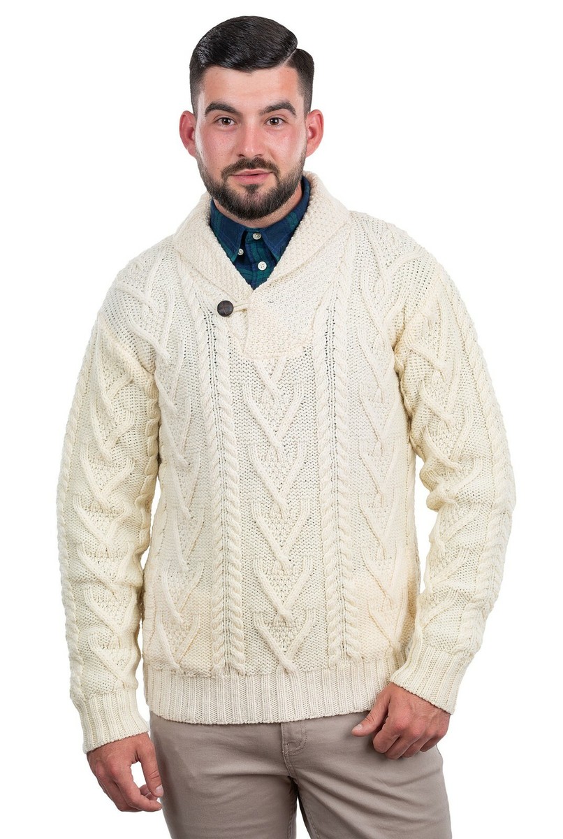 SAOL Aran Irish Fisherman Merino Wool Sweater Menu0026#039;s Cable Knit Shawl  Pullover | eBay