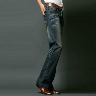 Herren Bellbottom Jeans Vintage Hose Mit Distressed Schlag Denim Blau Baumwolle