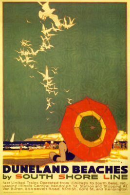 DUNELAND BEACHES SEAGULL UMBRELLA SOUTH SHORE LINE TRAVEL VINTAGE POSTER REPRO