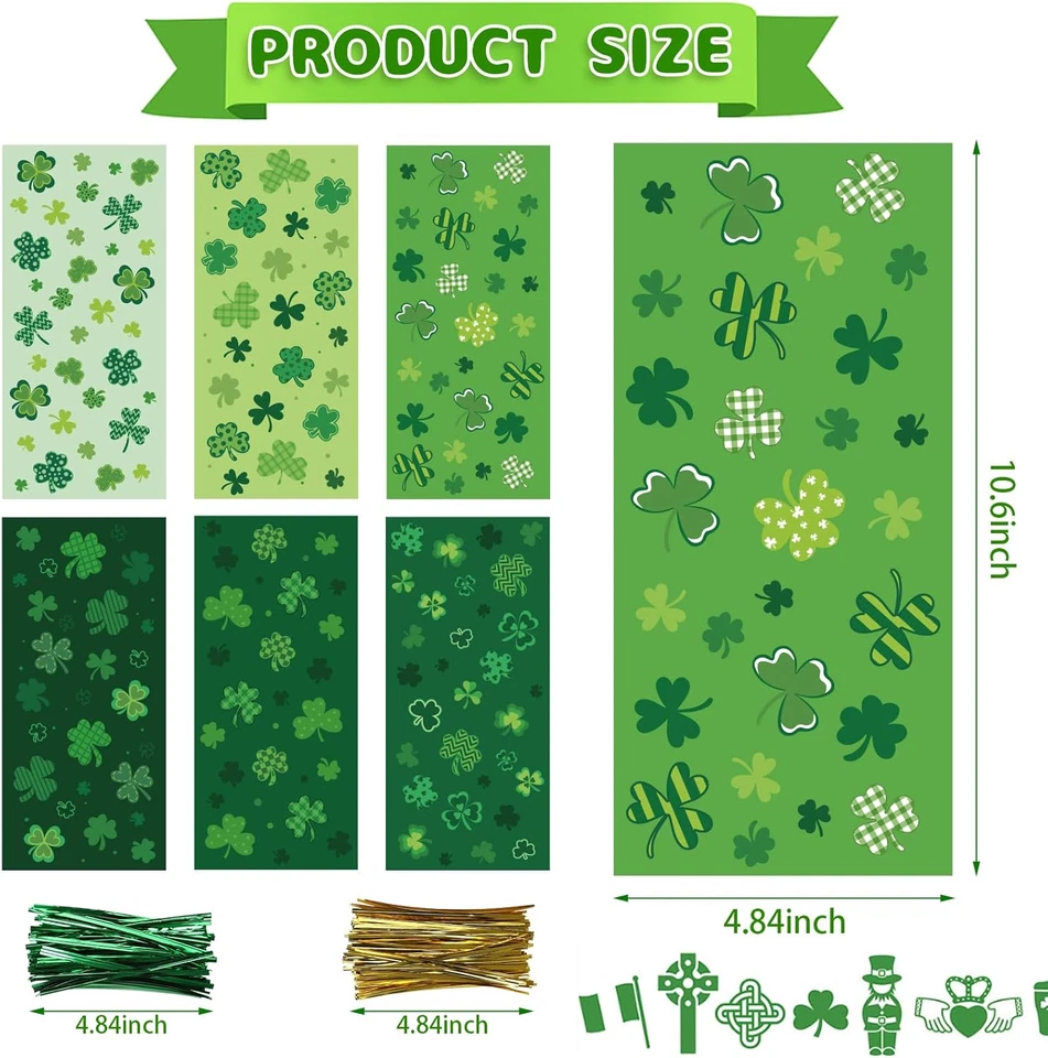 Bolsas de golosinas de celofán del día de San Patricio, 180 piezas caramelos de violonchelo trébol irlandés de la suerte Foto 2 de 4