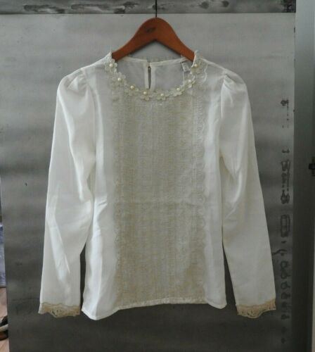 Vintage 1990s Lace Floral Flower Pearl Embroidery Cream Blouse Size M