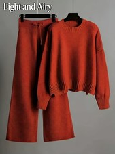 Womens 2pcs Casual Set Long Sleeve Top Pants Loose Fit Solid Color Outfit