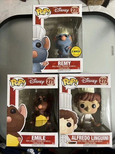 Funko Pop Disney Ratatouille Alfredo Linguini, Remy (Chase flocked), Emile Set