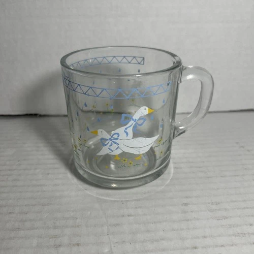 Vtg '87 Anchor Hocking Glass Geese Mug Raindrops 8 oz Farmhouse/Country Style