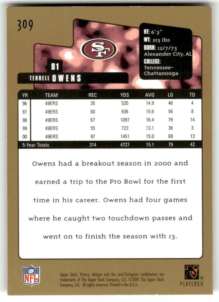 Terrell Owens 2001 Upper Deck Victory Gold Football Excellent - Image 2 of 2