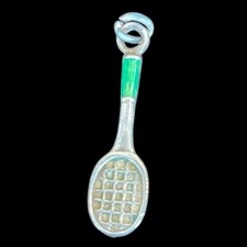 Vtg Sterling Silver 925 Green Enamel Tennis Racquet Pendant Charm 2.17 Grams