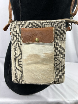 Myra Crossbody Bag Burlap Style Front With Fur And Leather Pocket