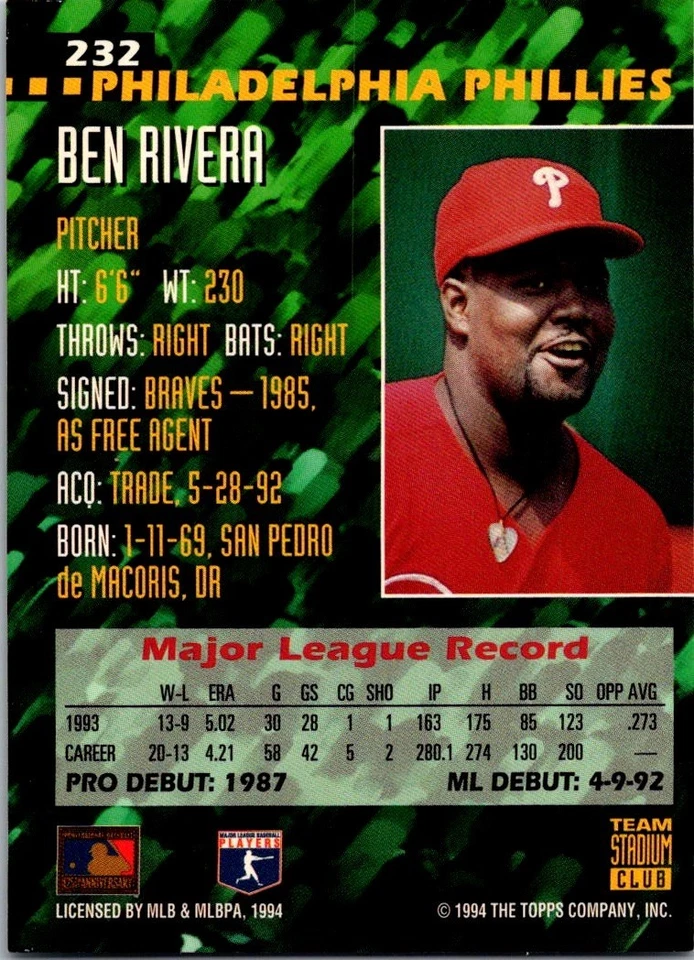 1994 Topps Team Stadium Club - Ben Rivera #232 - Image 2 of 2