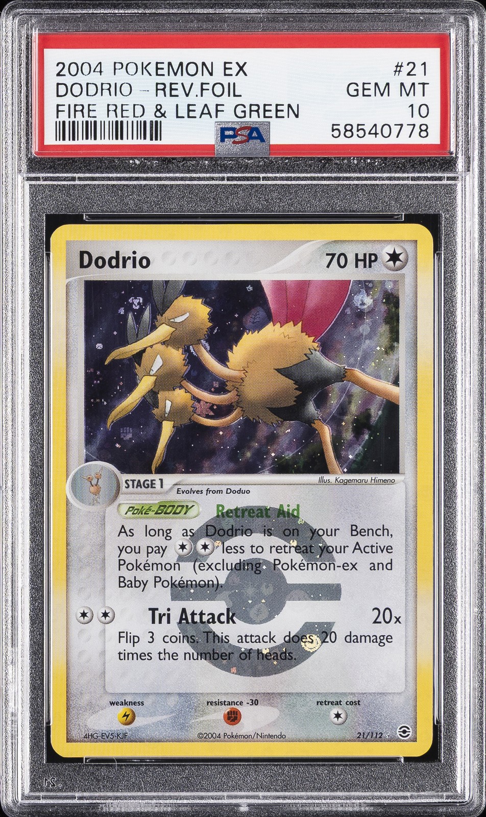2004 POKEMON EX FIRE RED & LEAF GREEN #21 DODRIO-REVERSE FOIL PSA 10