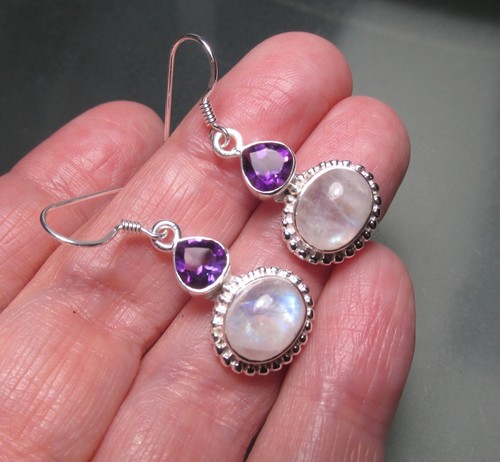 Sterling silver MOONSTONE & CUT AMETHYST DROP earrings. Gift bag. - Picture 5 of 5