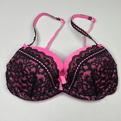 Adore Me Push Up Bra 34DD Underwire Pink & Black Lace Adjustable Strap