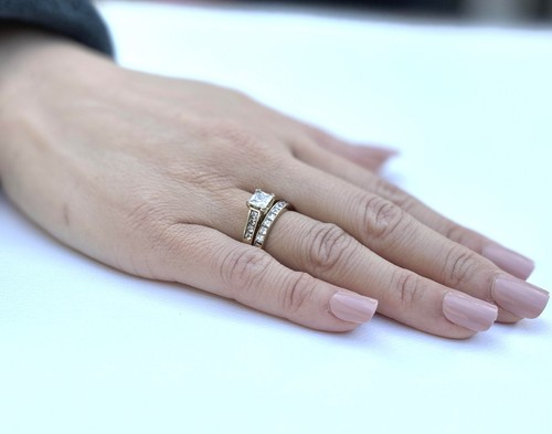 Couples Ring Set 14K Gold Plated 5mm Princess CZ Wedding Ring Mens Gold Plated F - 第 2/9 張圖片