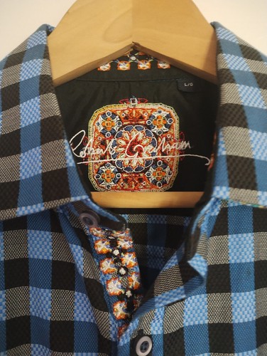 Robert Graham Blue & Black Check Shirt Men's Size L Embroidery Paisley - Picture 4 of 13