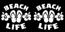 Beach Life Flip Flops & Flower Two 5" White Vinyl Decal Car Window Laptop Tablet