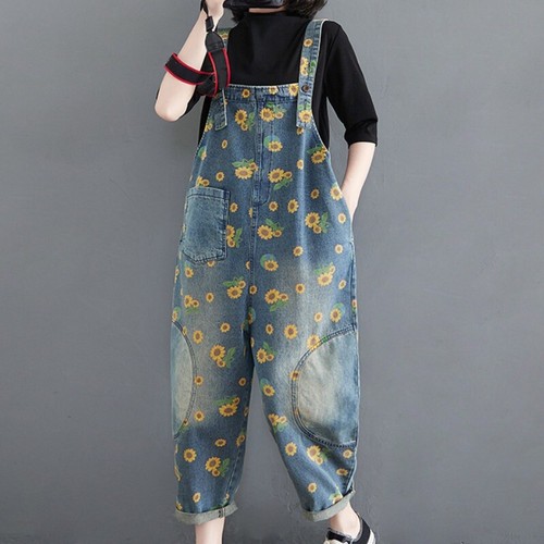 Ladies Sunflower Printed Denim Overalls Jumpsuit Bib Trousers Jeans Leisure - Picture 6 of 12