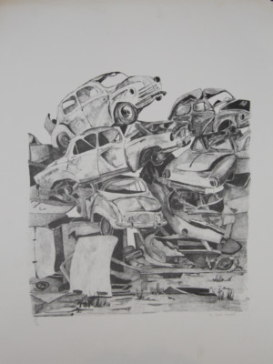 Micheline MEVEL ROUSSEL- Lithographie originale signée-La casse auto