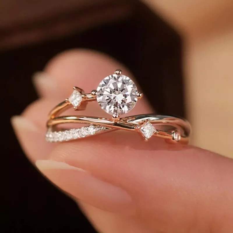 14k Rose Gold Plated Women Wedding Rings Luxury Cubic Zirconia Jewelry Size 6-10
