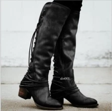 Womens Casual Knee High Faux Leather Mid Boot Motorcycle Lace Up Zip Shoes